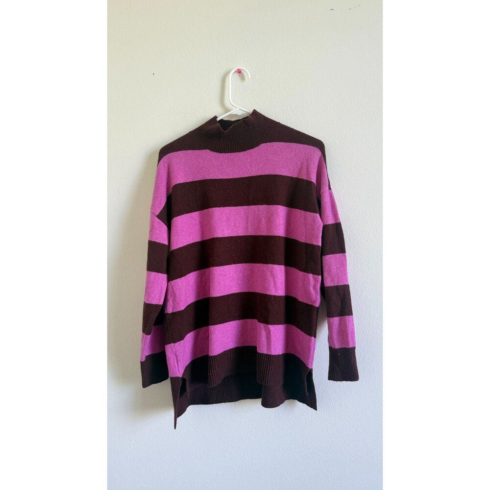 LOFT Striped Mock Neck Sweater Women's Medium Pink Brown Oversized NWT